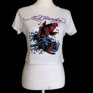 Ed Hardy White Cropped T-Shirt with Red & Blue Koi Graphic Women’s Medium